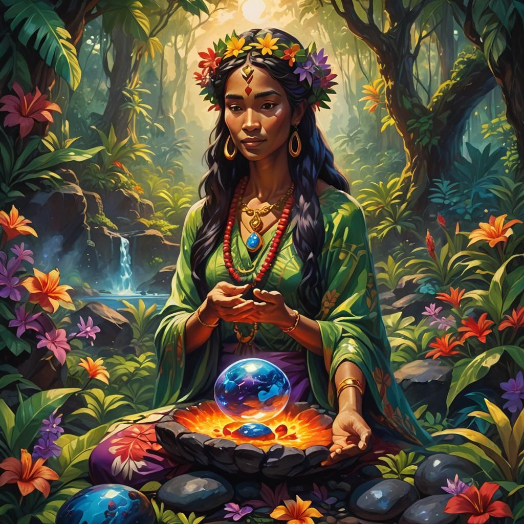Hawaiian Priestess with Healing Pebble: Vibrant Oil Painting