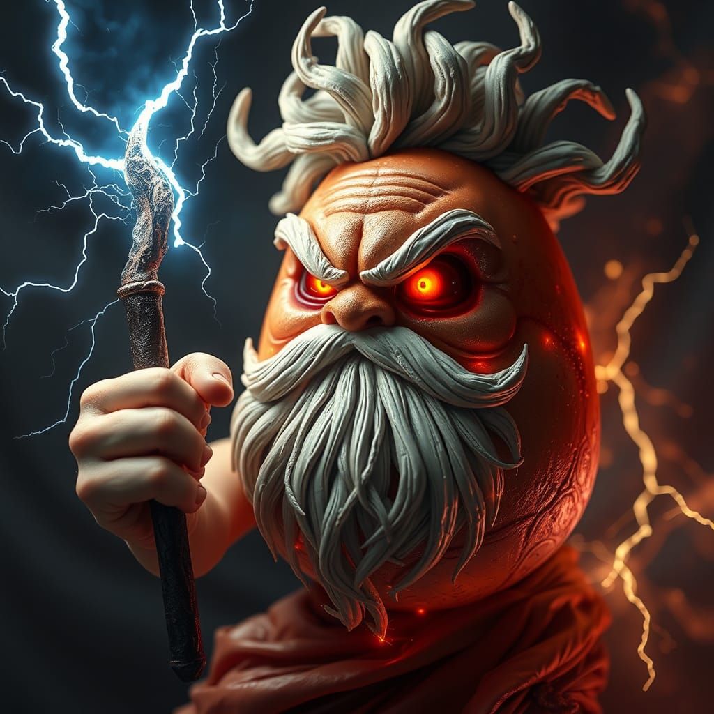 Angry Egg as Zeus in Dark Fantasy Style