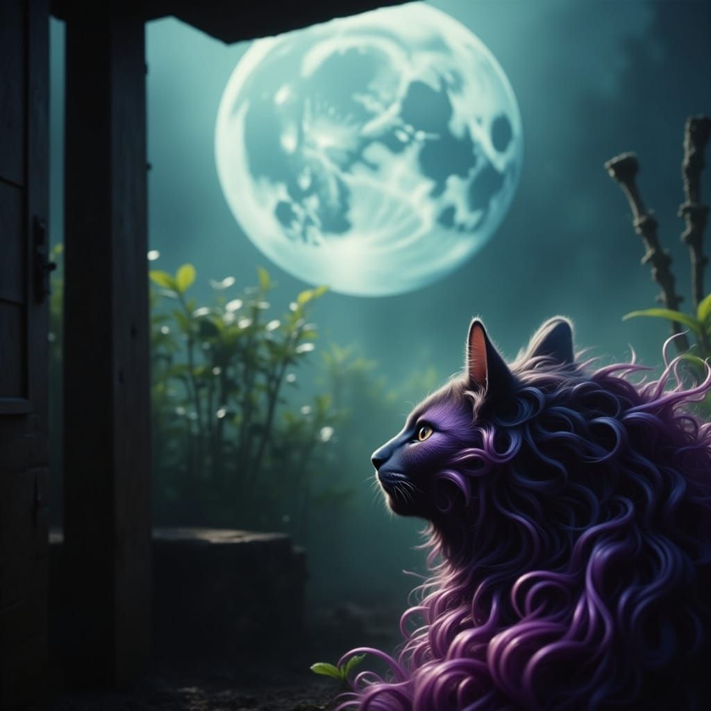 Purple Cat Contemplates the Moon