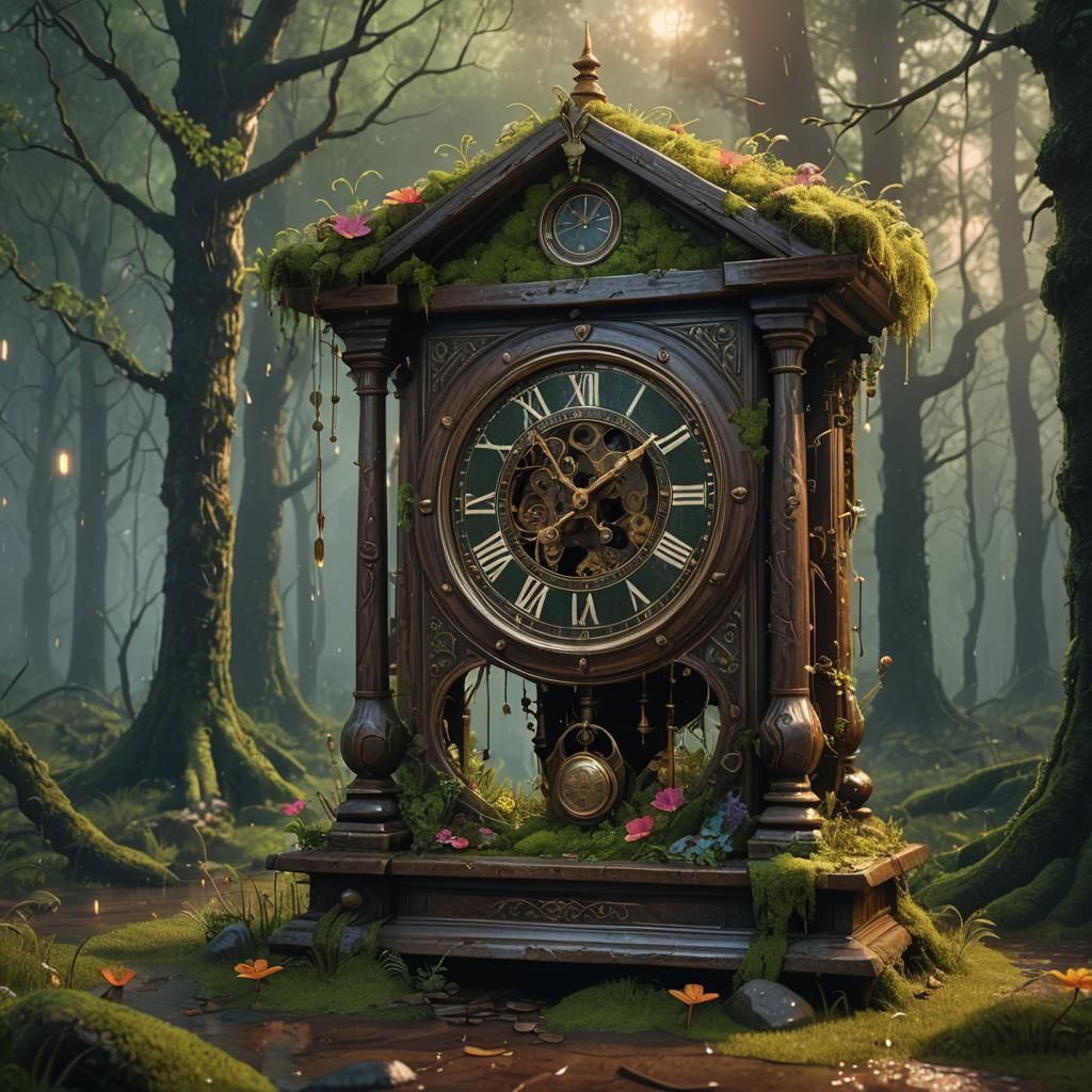 Forest Clock in Rain, Detailed Matte Painting