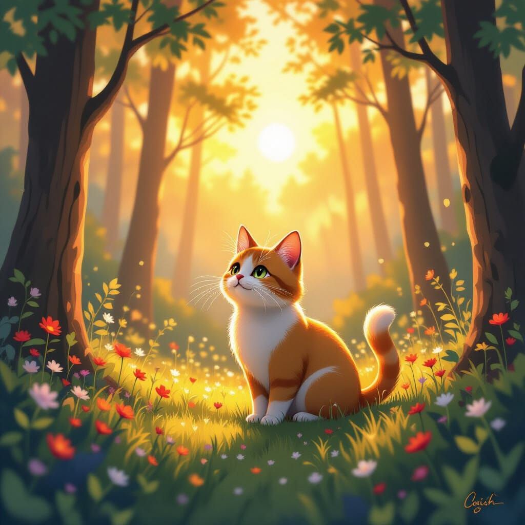 Magical Glowing Cat in Sunrise Forest