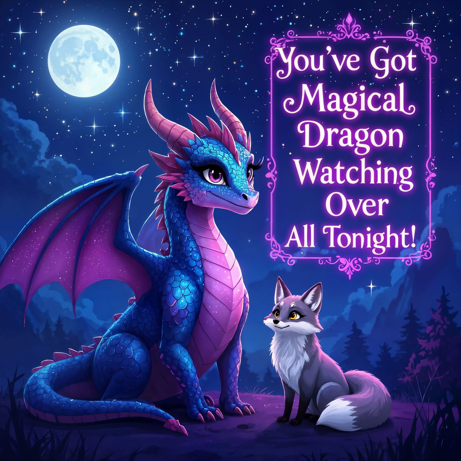 Blue and Magenta Dragon with Fox, Night Sky