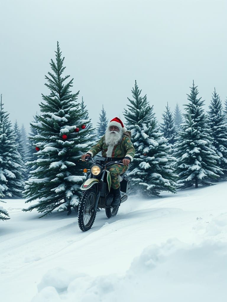 Santa on Camouflaged Christmas Trees in Bleak Winter Landsca...