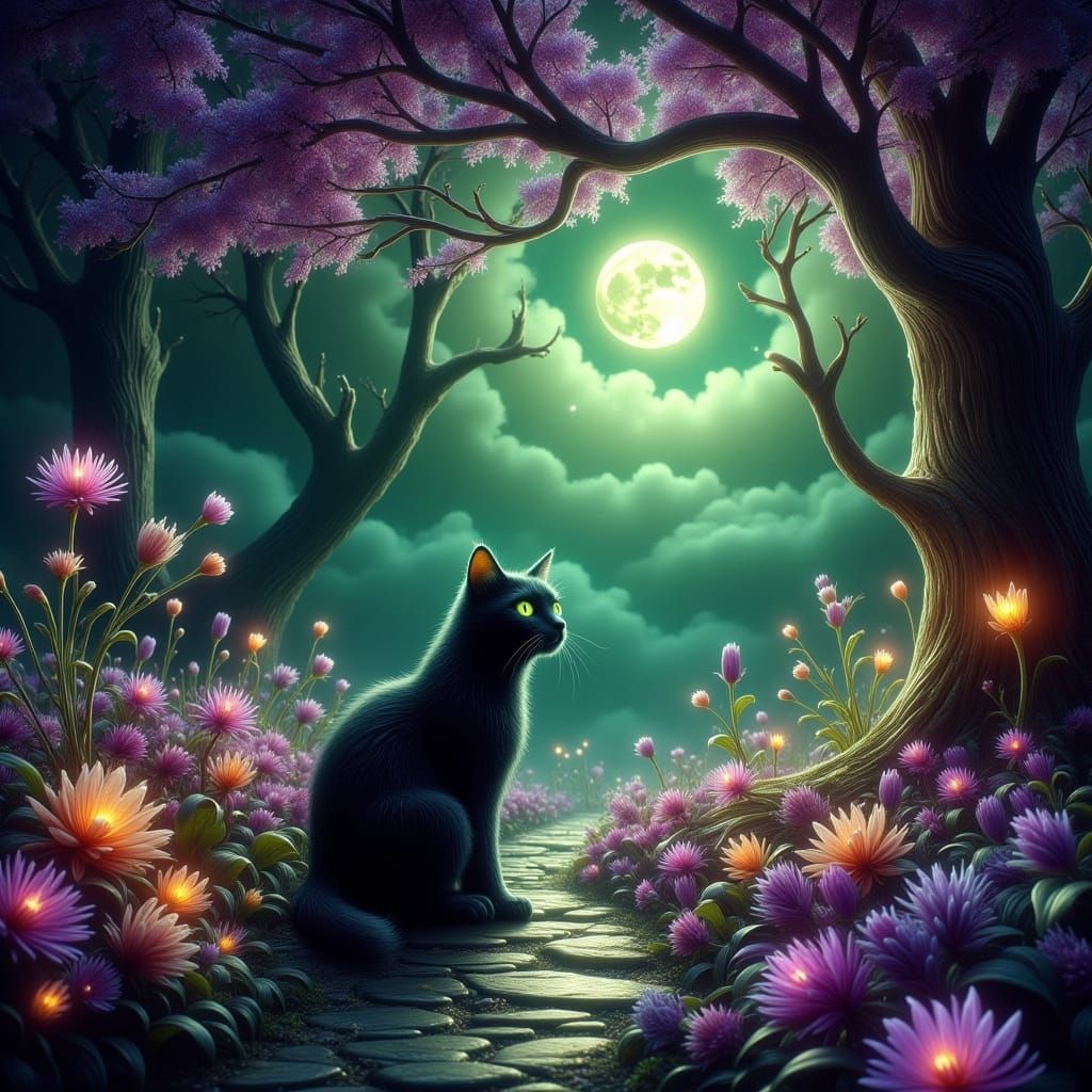 Gothic Cat in Enchanted Forest Under Full Moon
