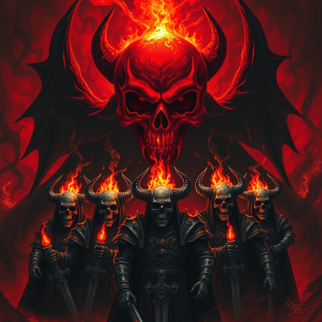 Dark Fantasy Scene: Dominant Figure Surrounded by Shadows an...