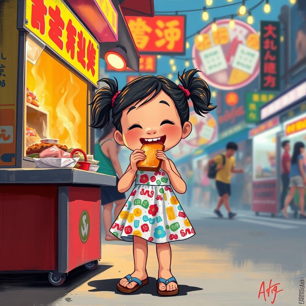 Girl Enjoys Street Food: Expressive Digital Painting