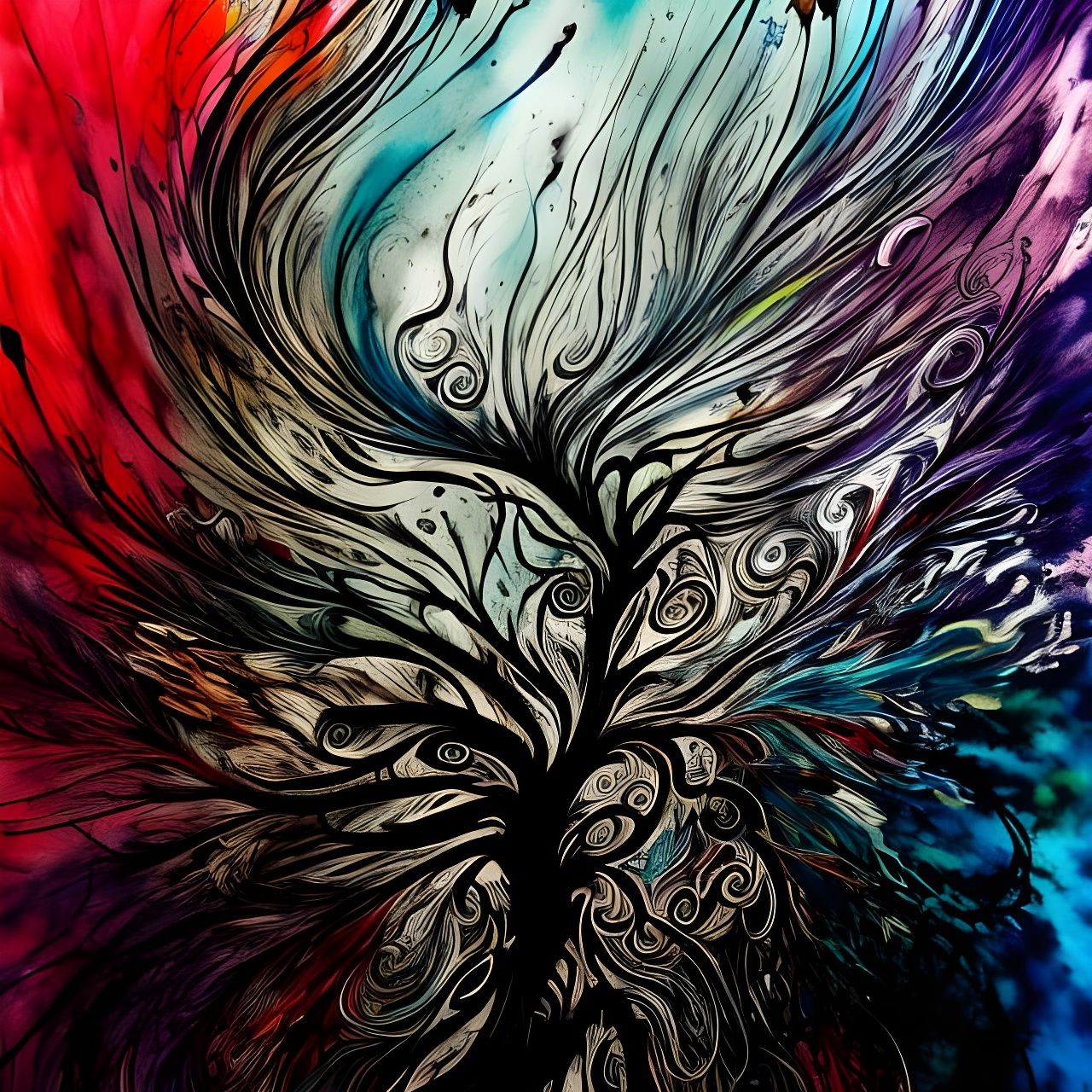 Colorful Tree in Black Ink Flow: 8K Masterpiece