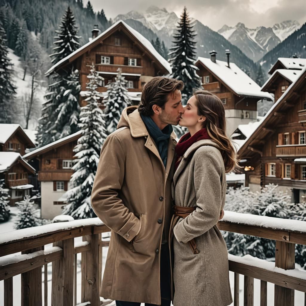 Affectionate Kiss on Chalet Balcony in Winter