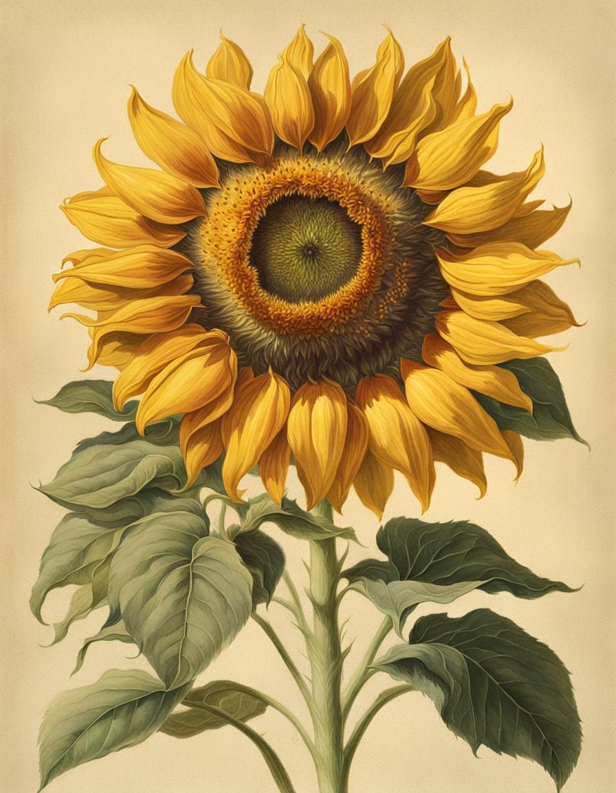 Botanical Illustration of Sunflower in Gouache Style