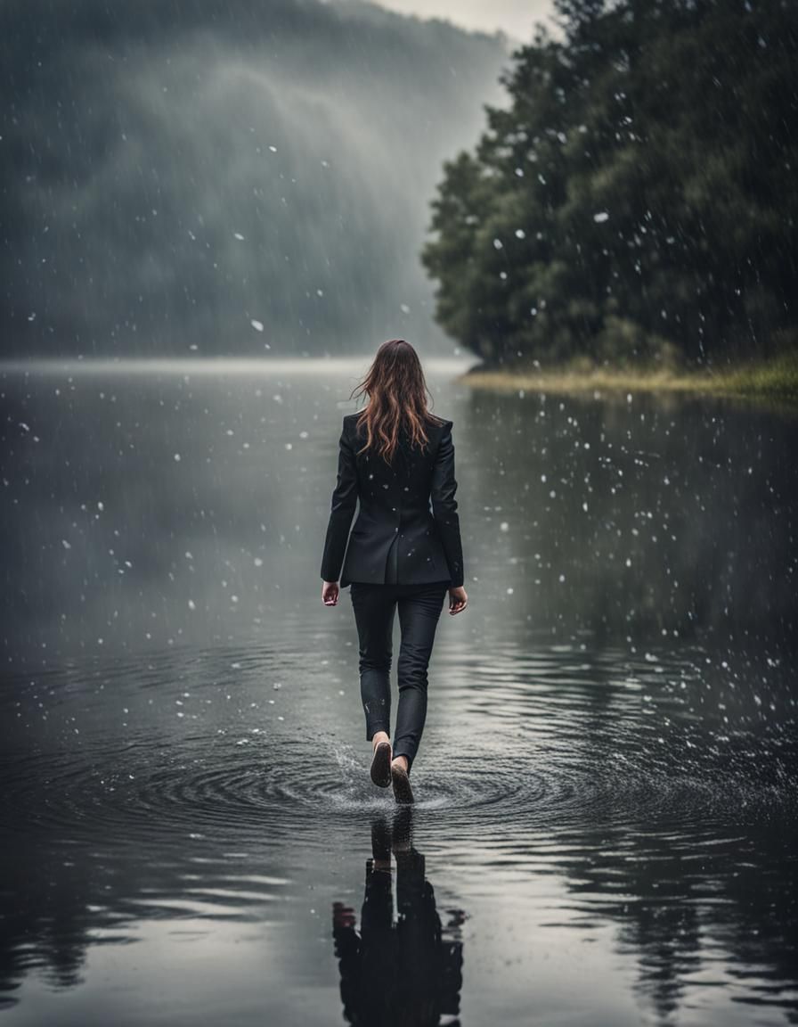 Woman in Black Suit Walks from Lake
