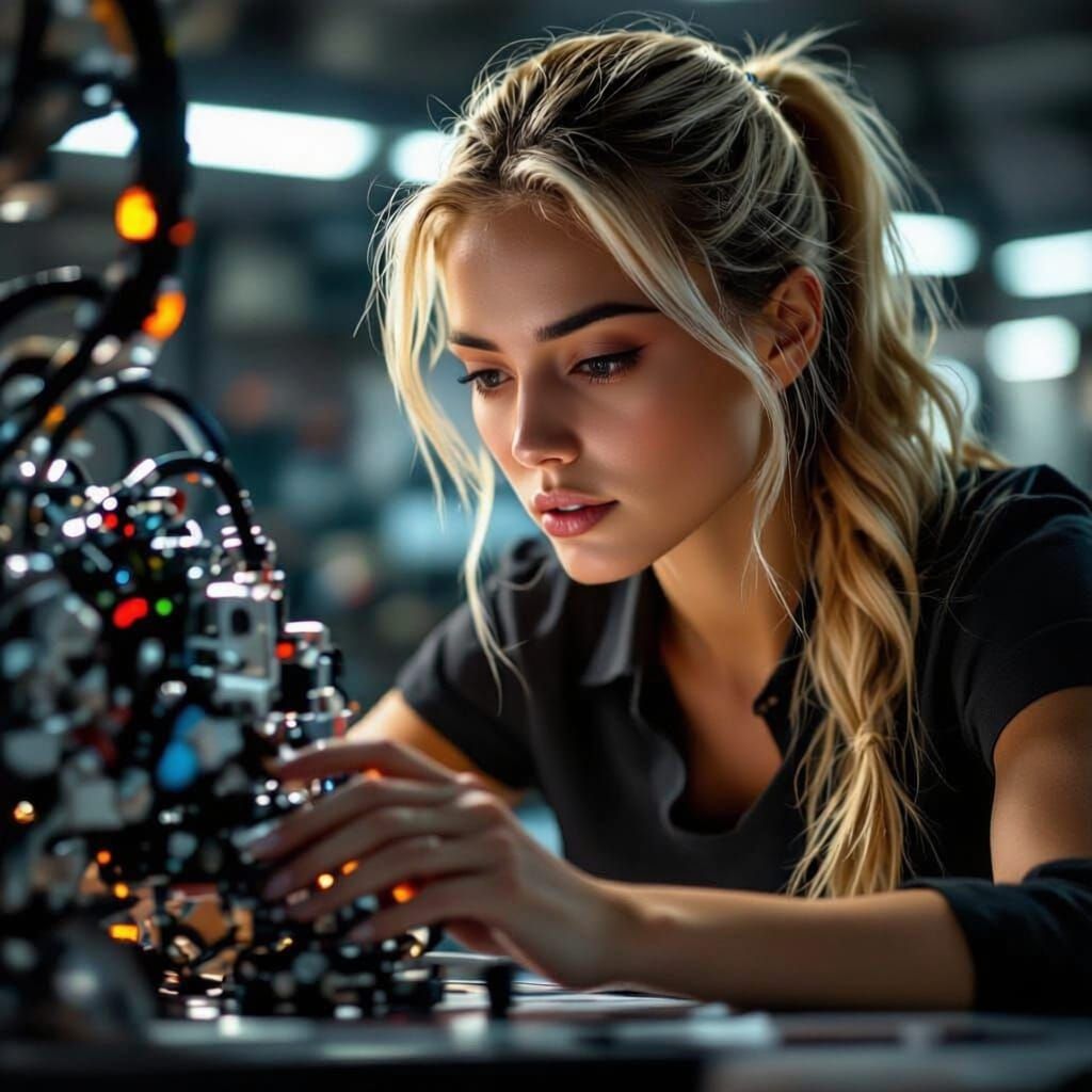 Blonde Woman in Sunglasses Works on Robot