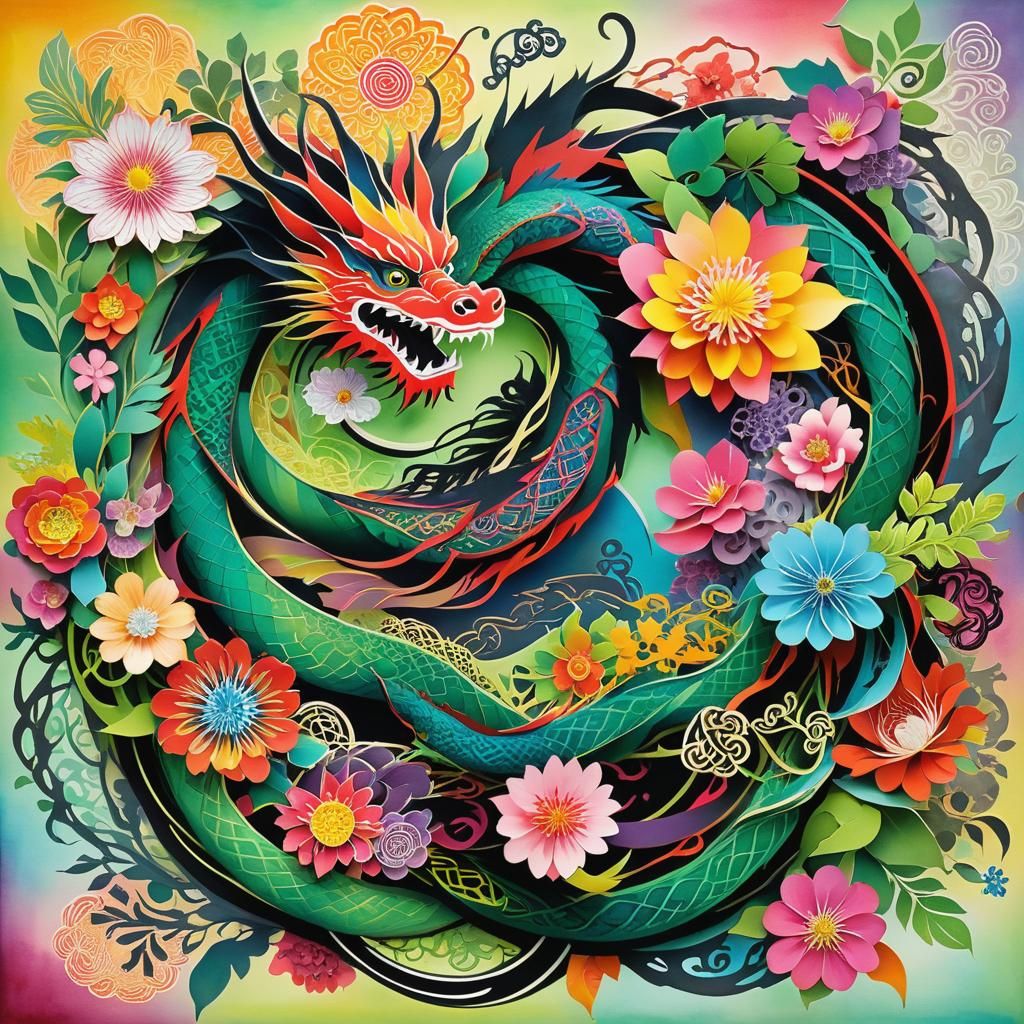 Surreal Mixed Media Art with Dragons and Celtic Knots