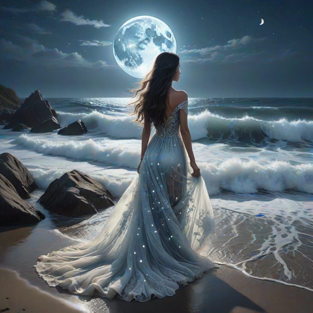 Mystical Double Exposure: Woman by Moonlit Ocean