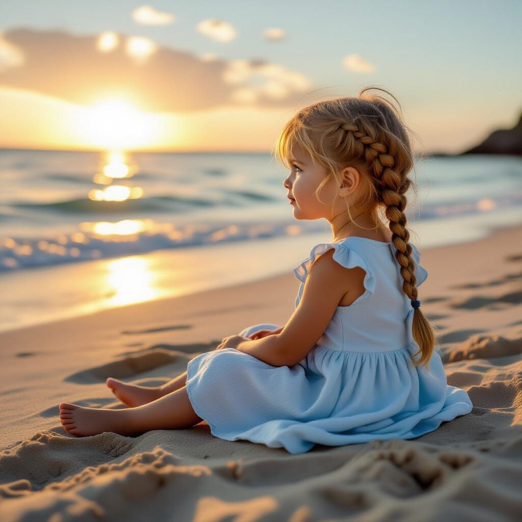 Photorealistic Girl on Beach at Golden Hour