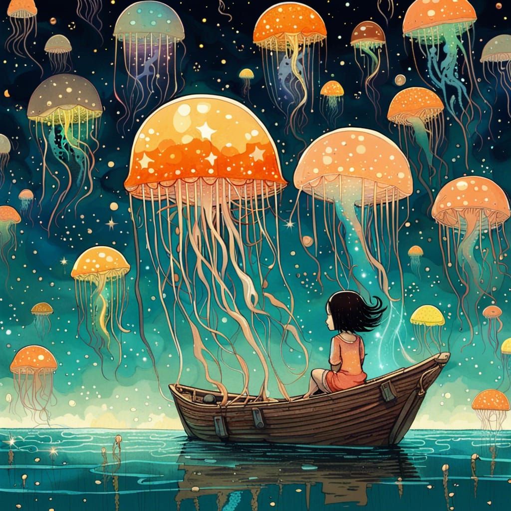 Girl Watching Jellyfish in Surreal Anime Night Sky