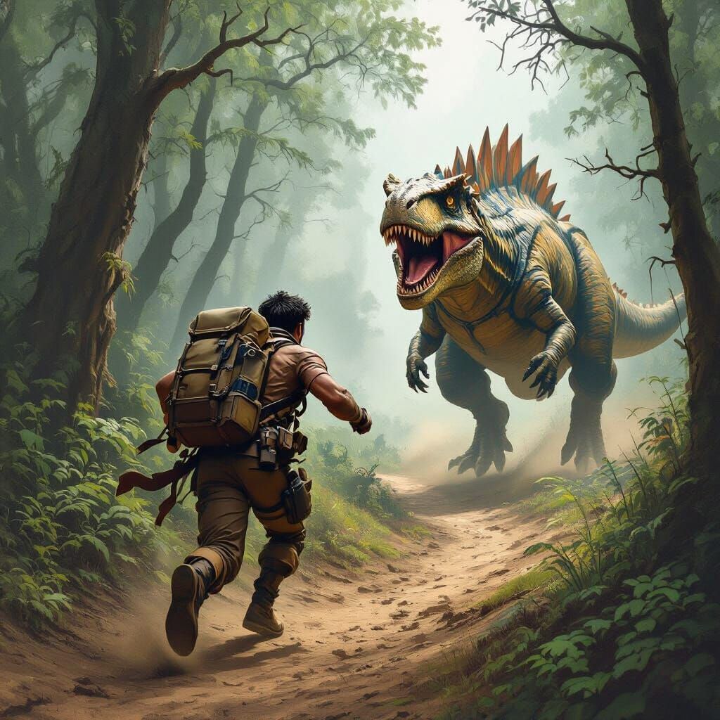 Hunter's Escape: Dinosaur Pursuit in Fantasy Art Style