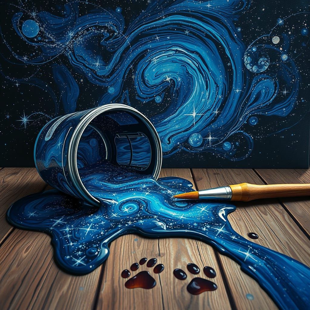 Starry Night Sky Spill: Hyperrealistic Cat Mischief