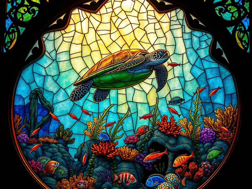 Turtle Swimming in Coral Reef as Stained Glass