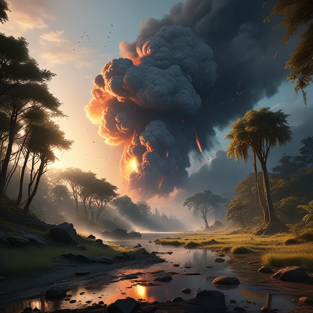 Surreal Apocalyptic Scene with Dinosaurs in Vibrant Digital ...