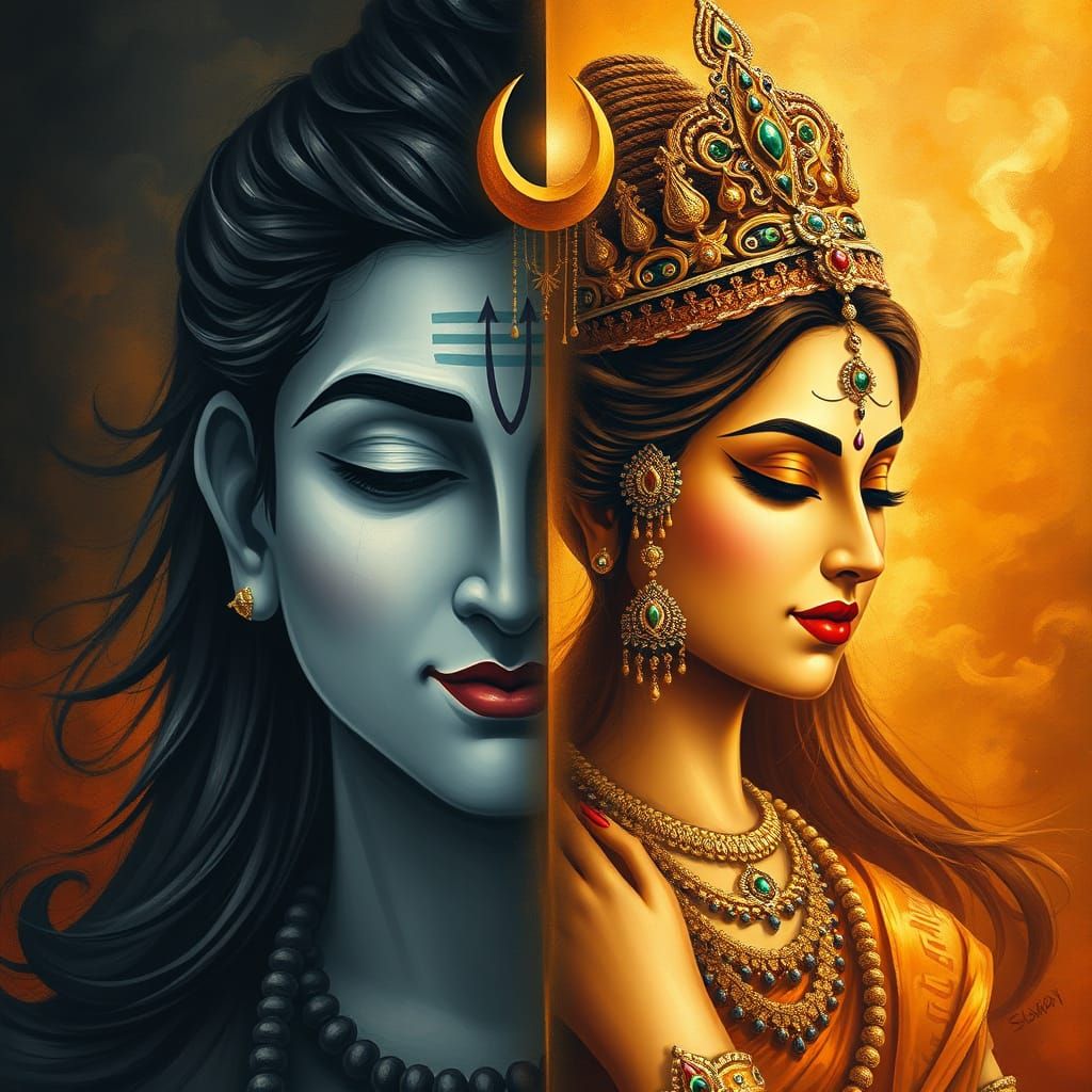 Digital Painting of Ardhanarishvara: Harmony of Masculine an...