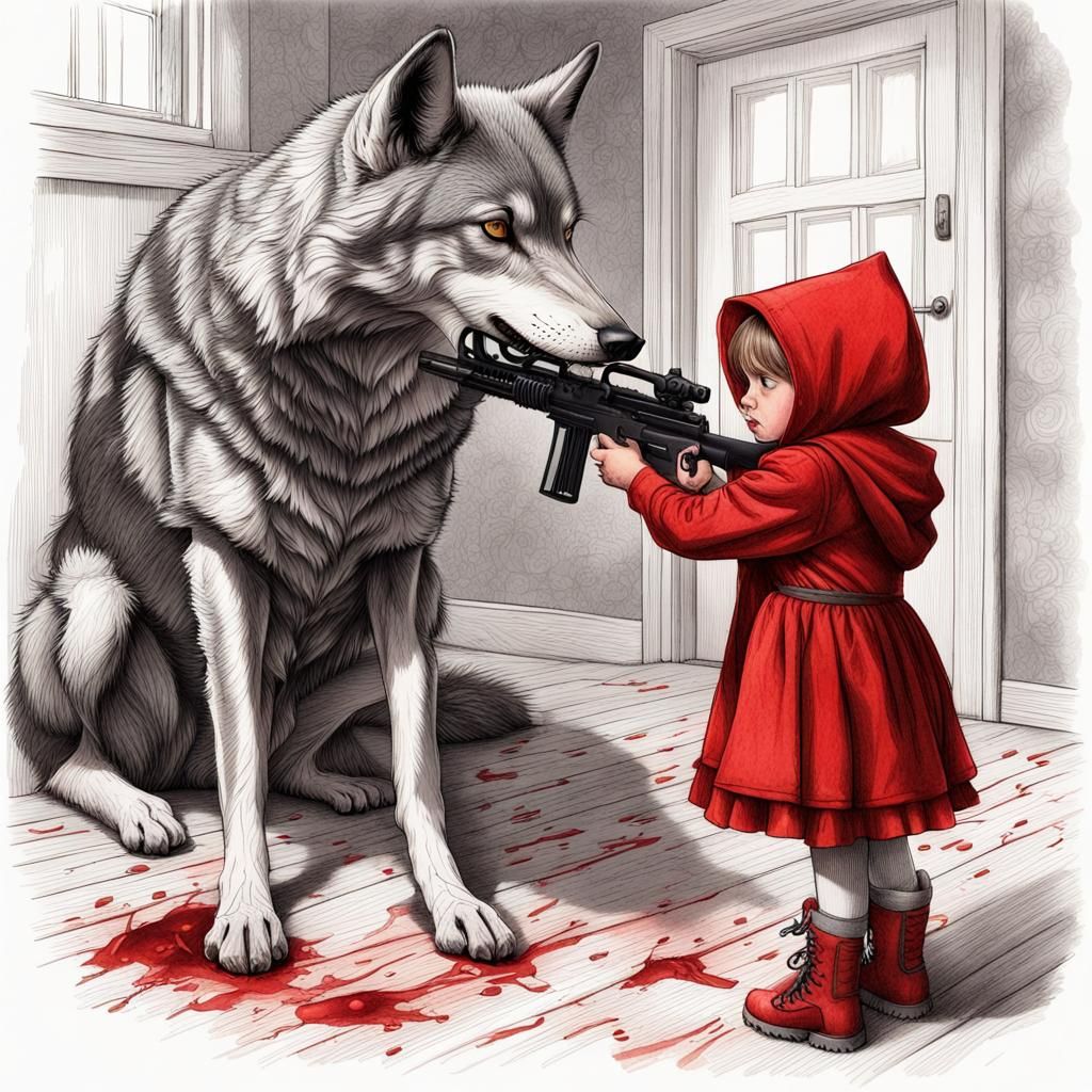 Little Red Riding Hood wants to shoot the wolf at her grandmother's house with a machine gun