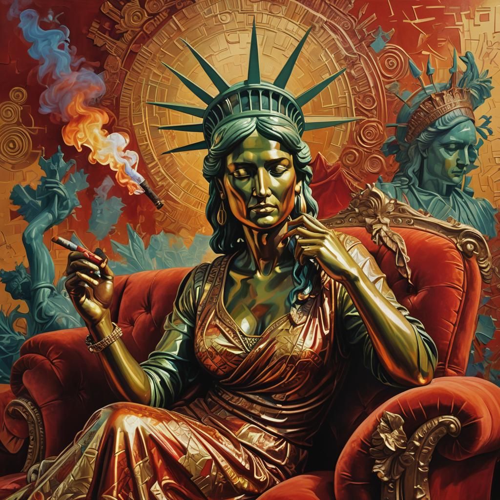 Statue of Liberty Smokes a Cigar: Surreal Oil Painting
