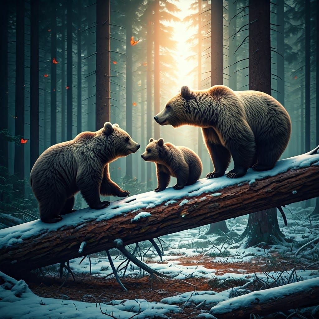 Three Bears in Snowy Pine Forest, Cinematic 35mm Film Still