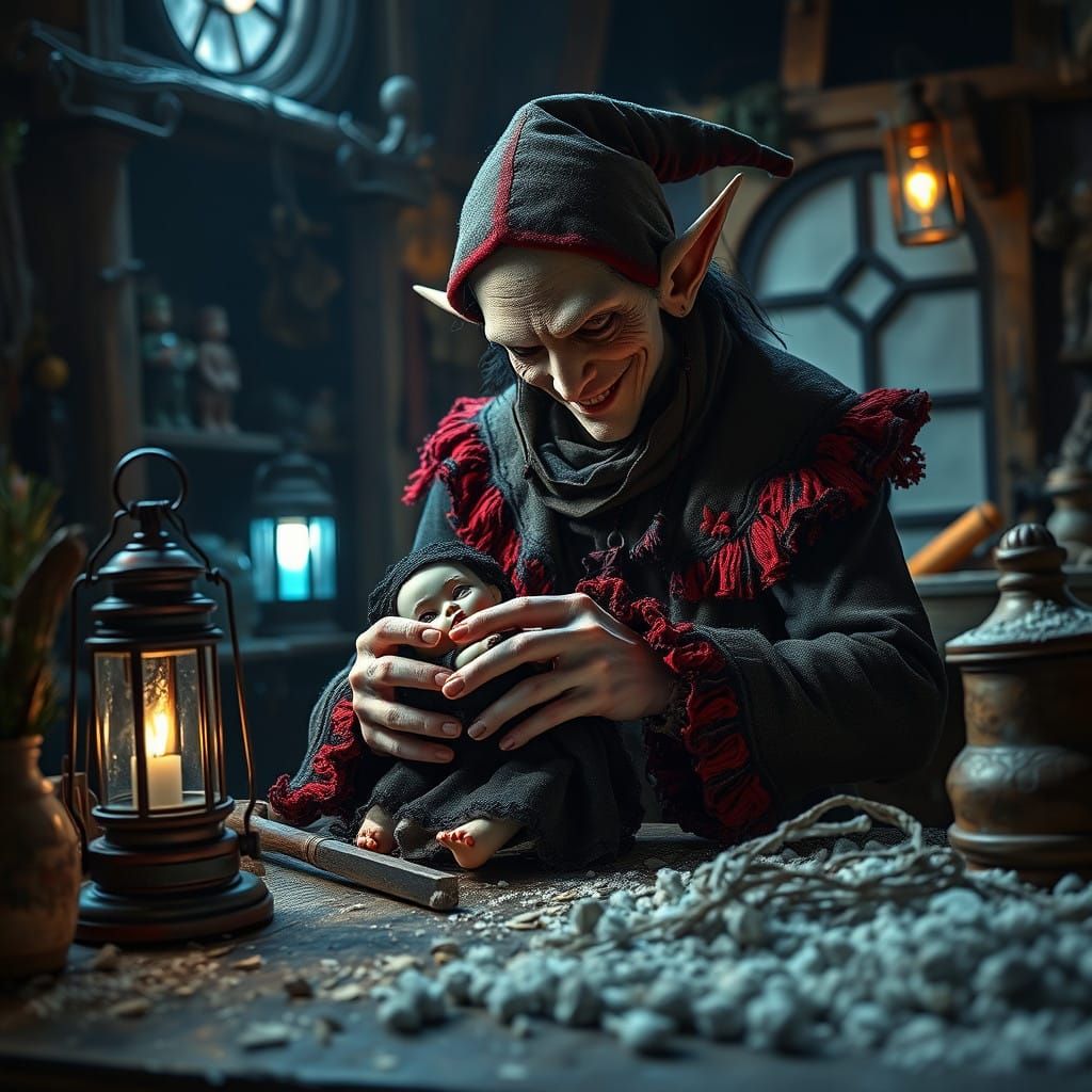 Whimsical North Pole Scene with Goth Elf Crafting Porcelain....