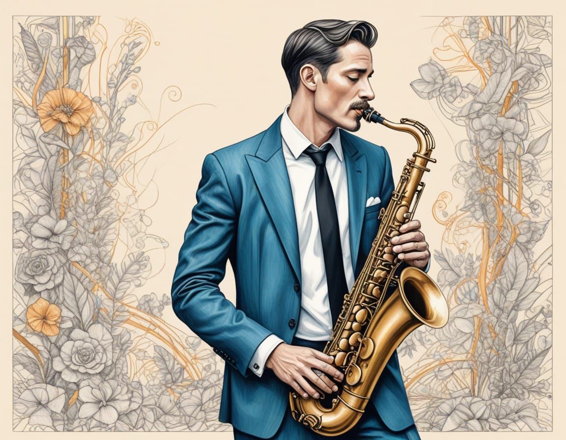 Jazz Age Man Blows Sax in Vibrant Art Deco
