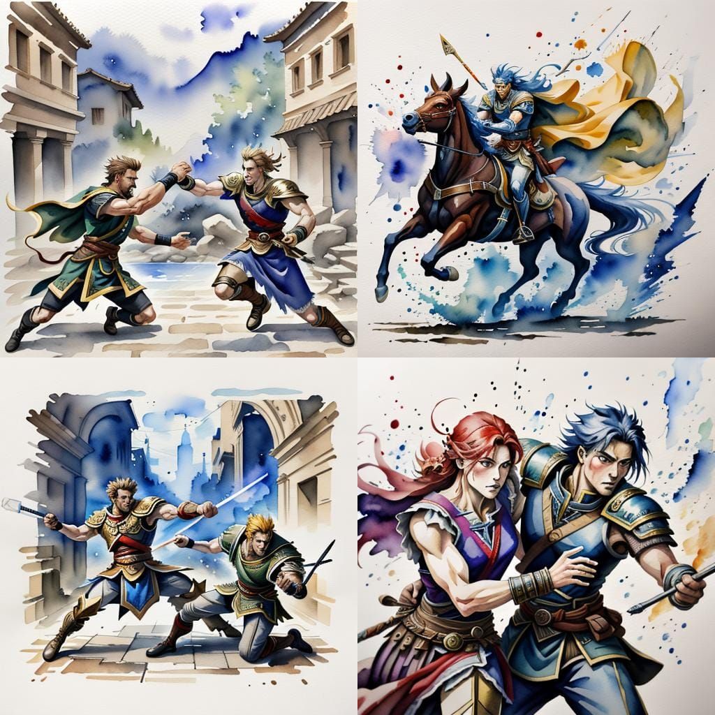 Achilles vs Hector: Dynamic Watercolor Duel