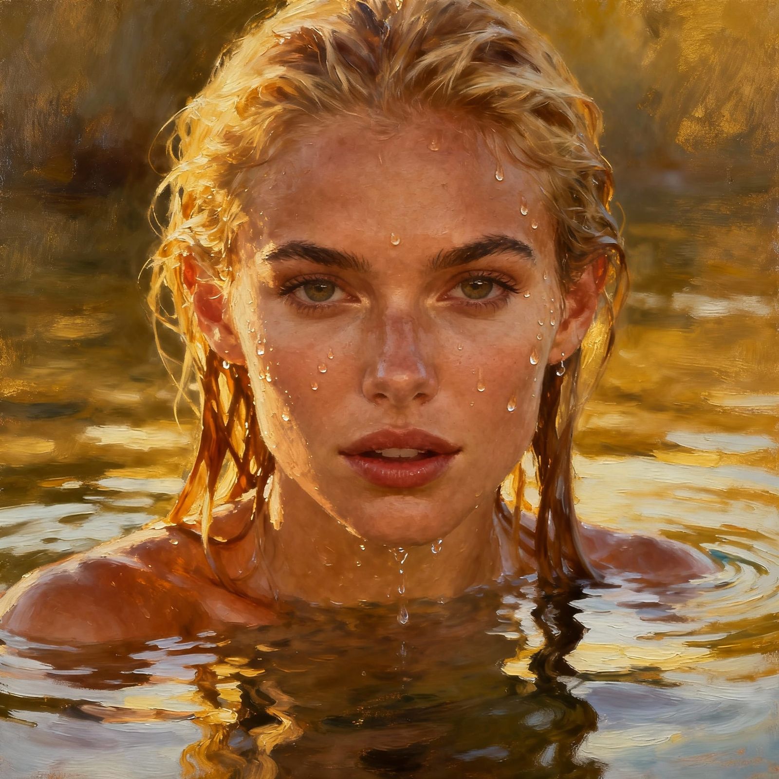 Hyper-Realistic Oil Portrait of a Tanned Blonde Woman Emergi...