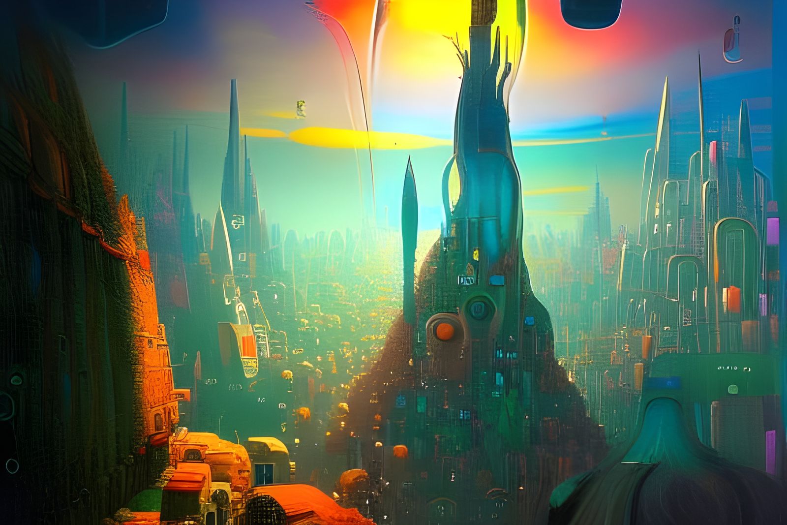 Retro-Futuristic Biomorphic City in Stained Glass Style