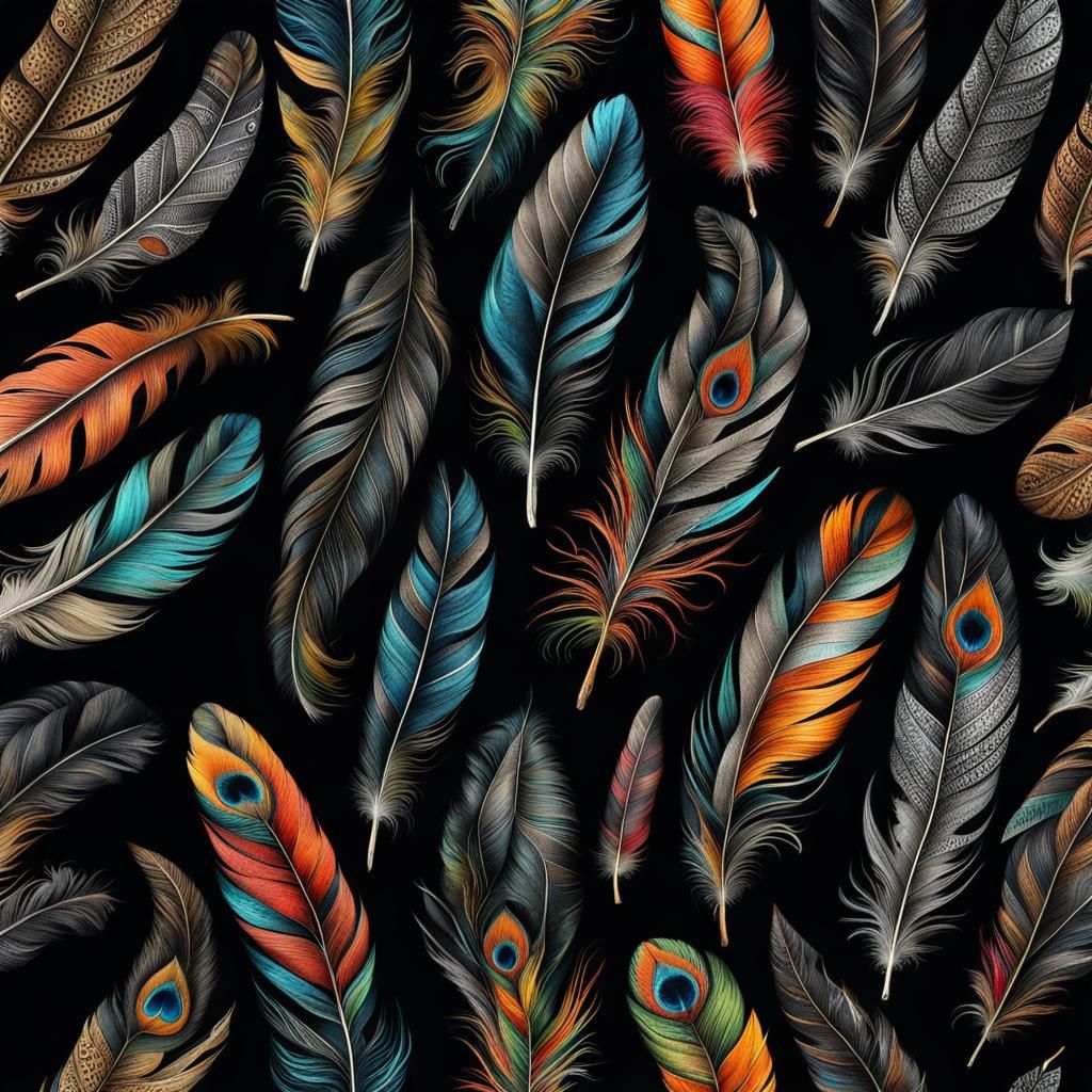 Colorful Feathers Collage on Black Background