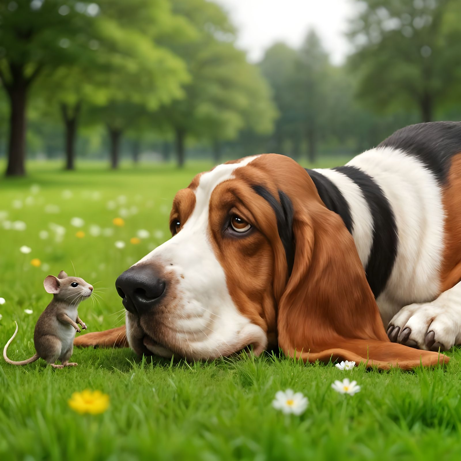 Basset Hound and Mouse in a Garden