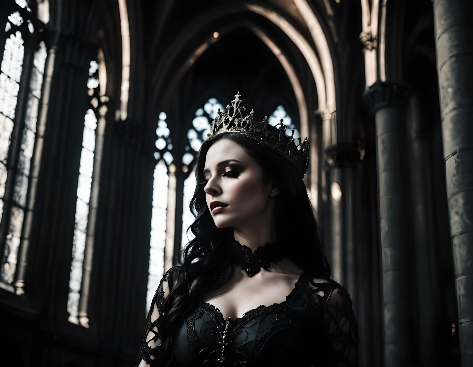 Woman Kneeling in Gothic Cathedral: Dark Fantasy