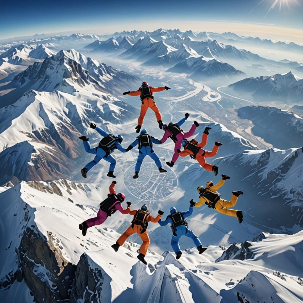 Skydivers Form Ring in Snowy Mountainscape, 3D Render