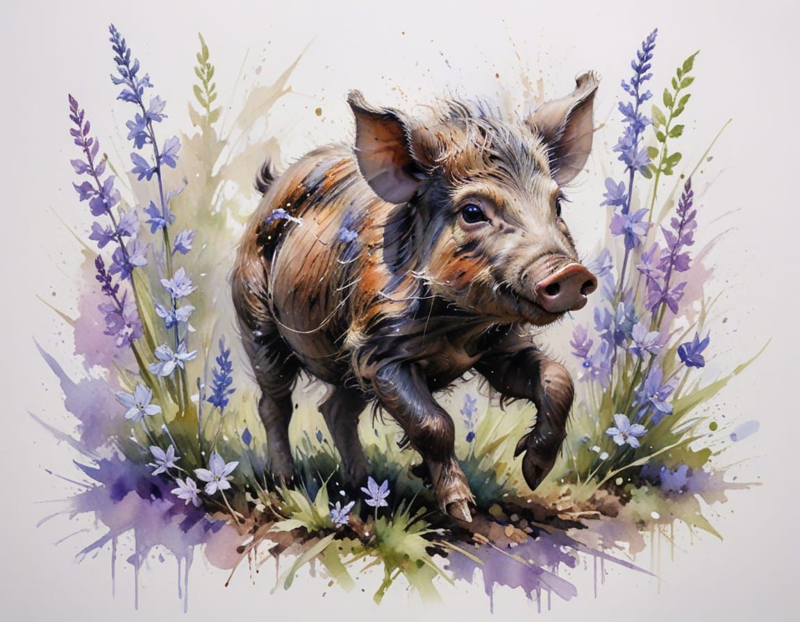 Wild Boar Piglet Trotting Through Bluebells in Morning Light