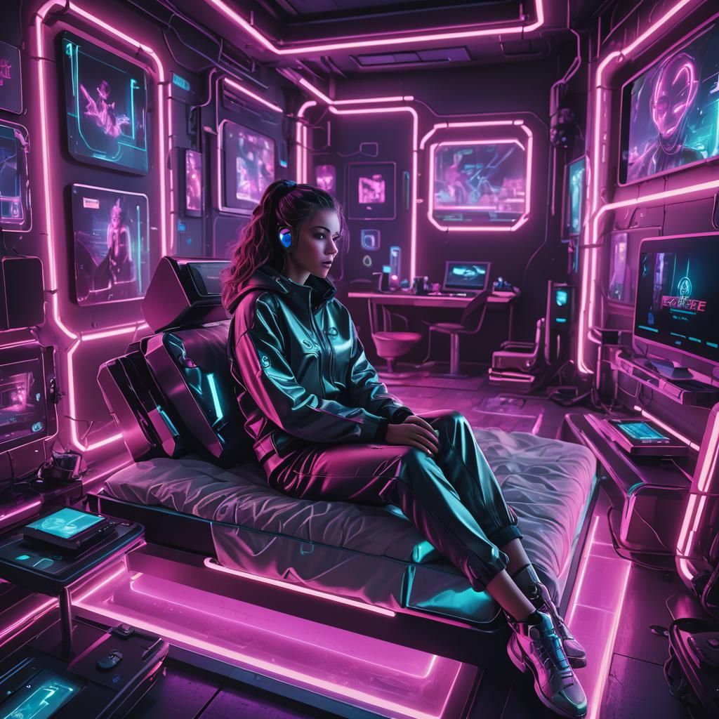 Cyberpunk Bedroom with Neon Lights and Holograms