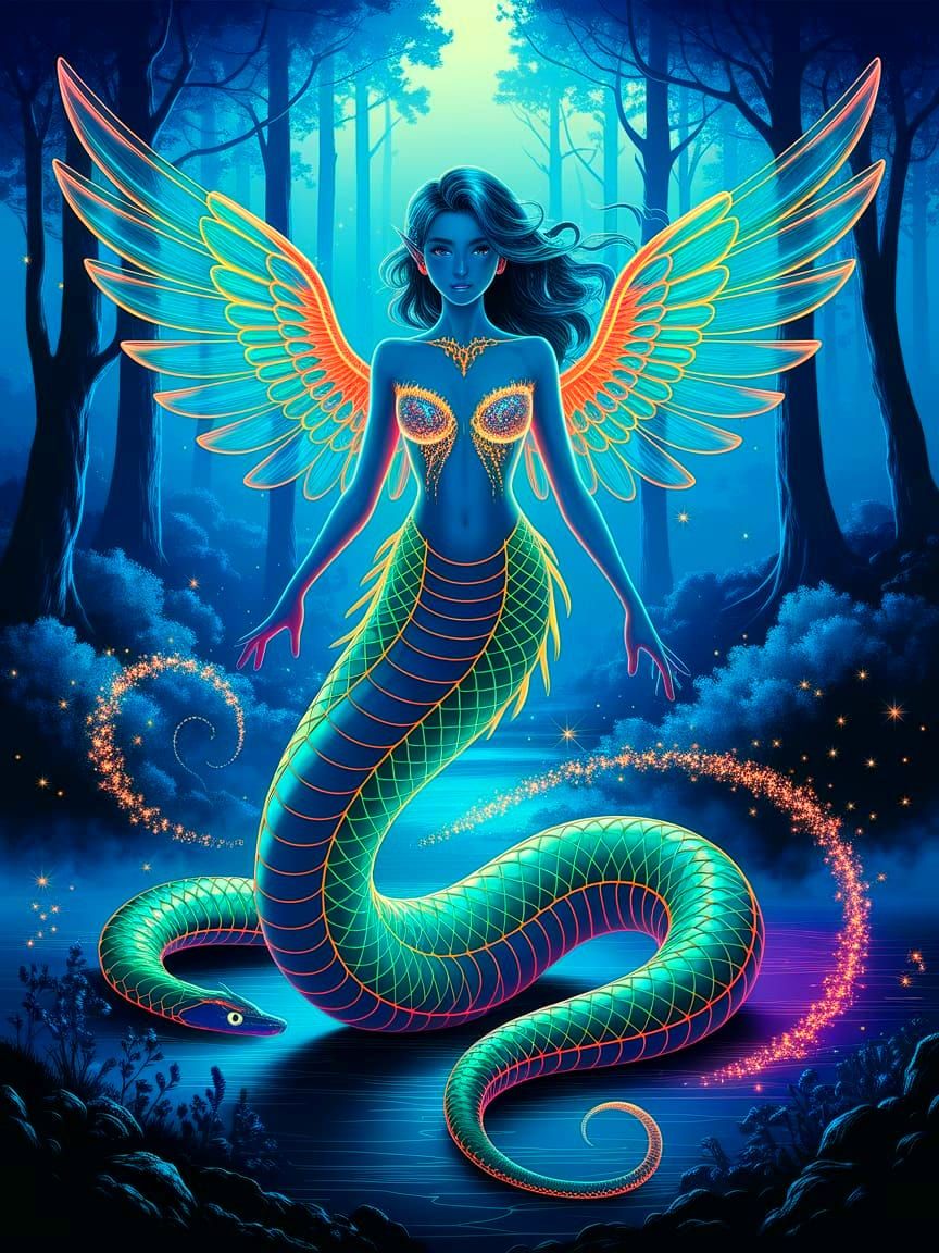 Bioluminescent Serpent-Woman in Neon Fantasy Forest