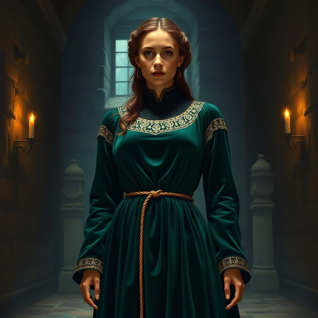 Medieval Emerald Gown in Castle Hall