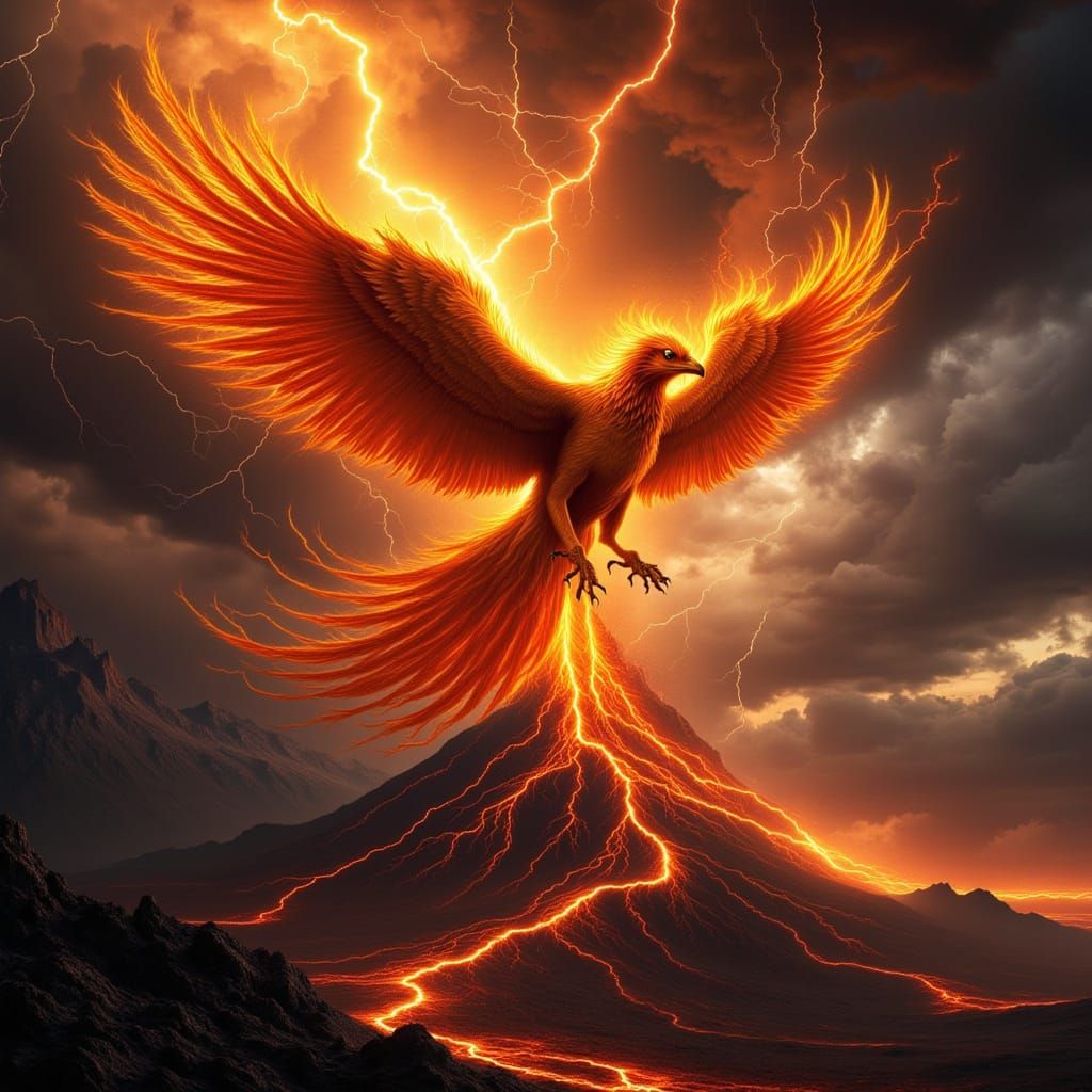 Fiery Phoenix Soars Above Volcano Under Lightning Storm