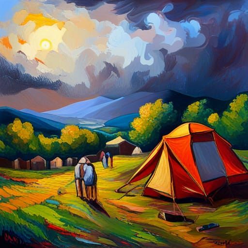 Stormy Music Festival Camping in Expressionist Oil Painting