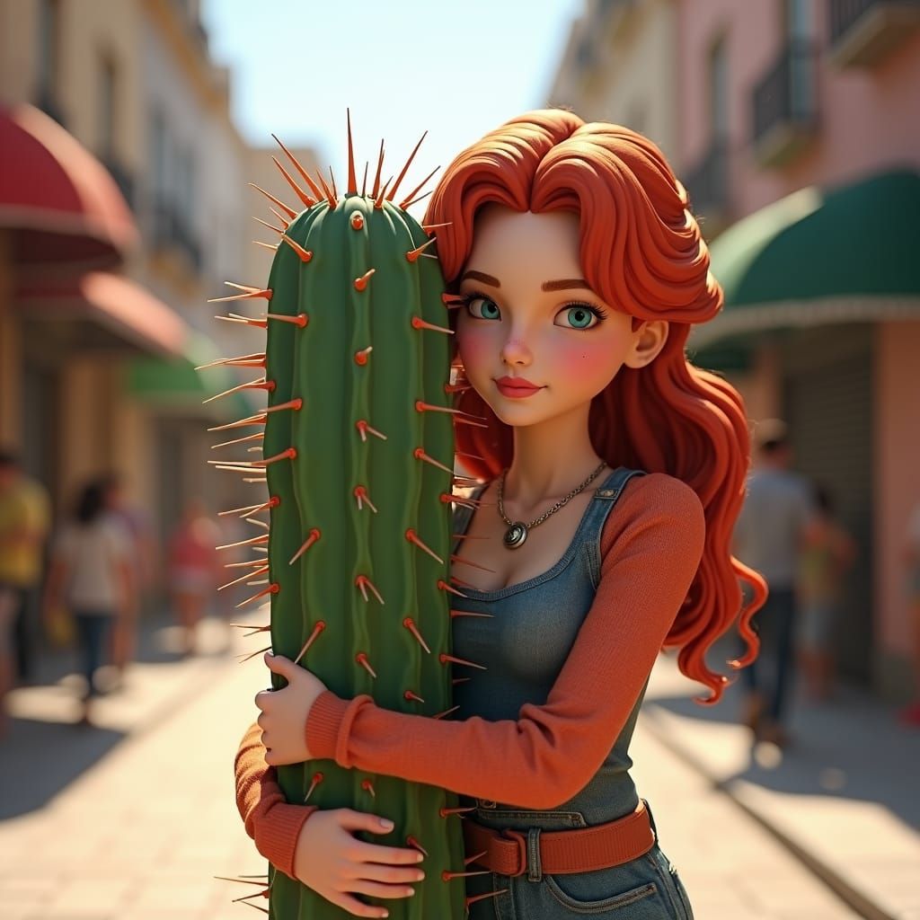 Redhead Hugs Cactus Character in Detailed 3D Render