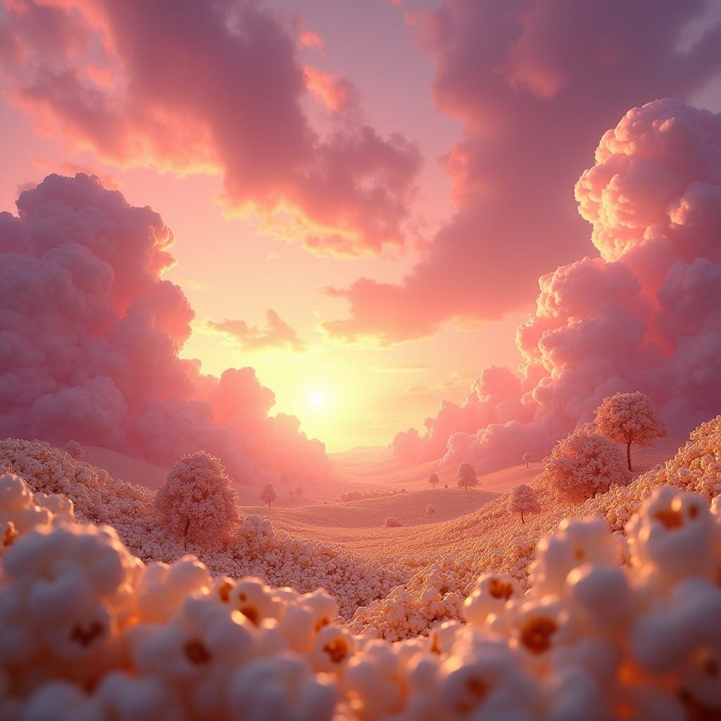 vibrant Candyland scene under a surreal popcorn storm. The dreamlike landscape features fluffy kernels swirling in a pin...