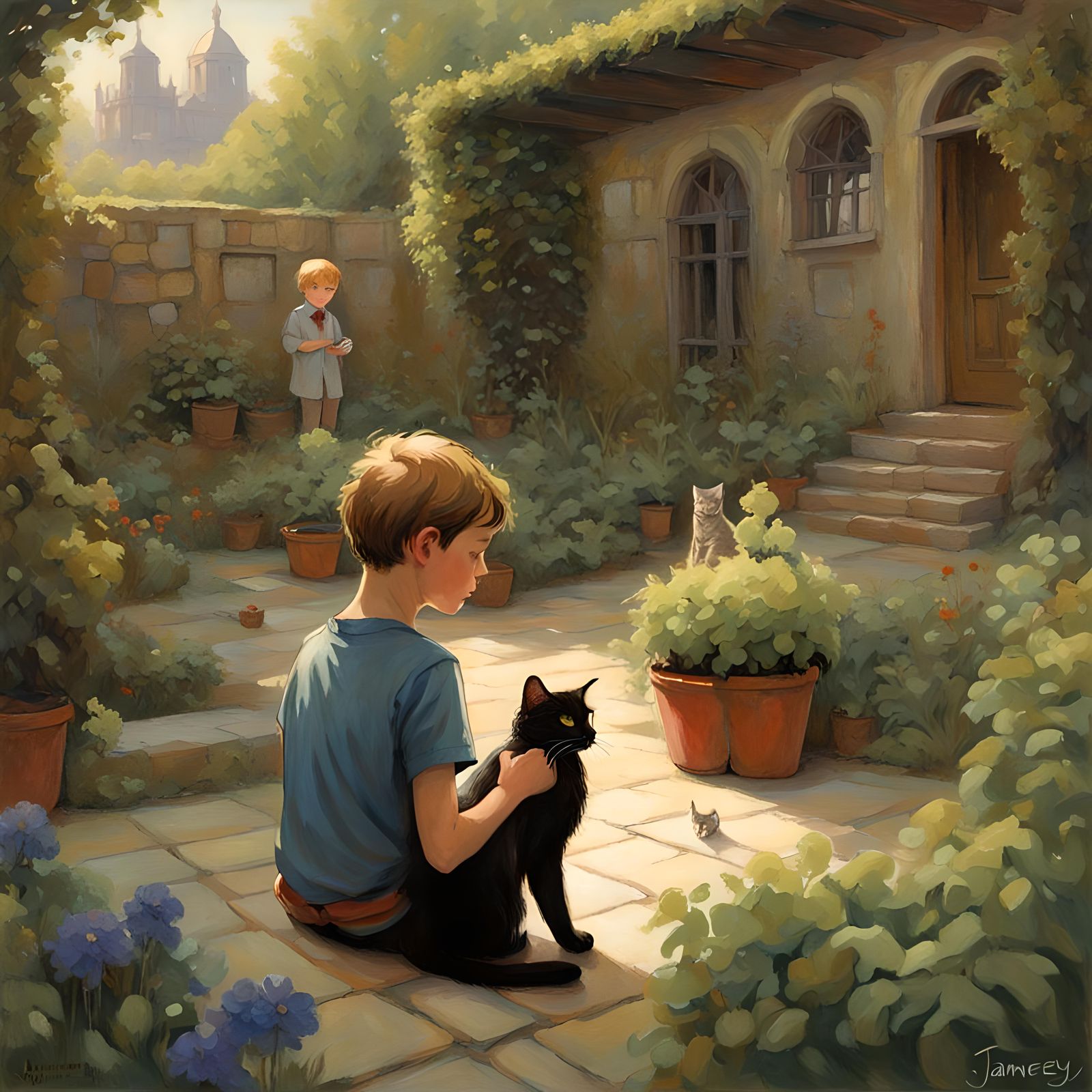 Enigmatic garden, 
Boy and cat, art by James Gurney
