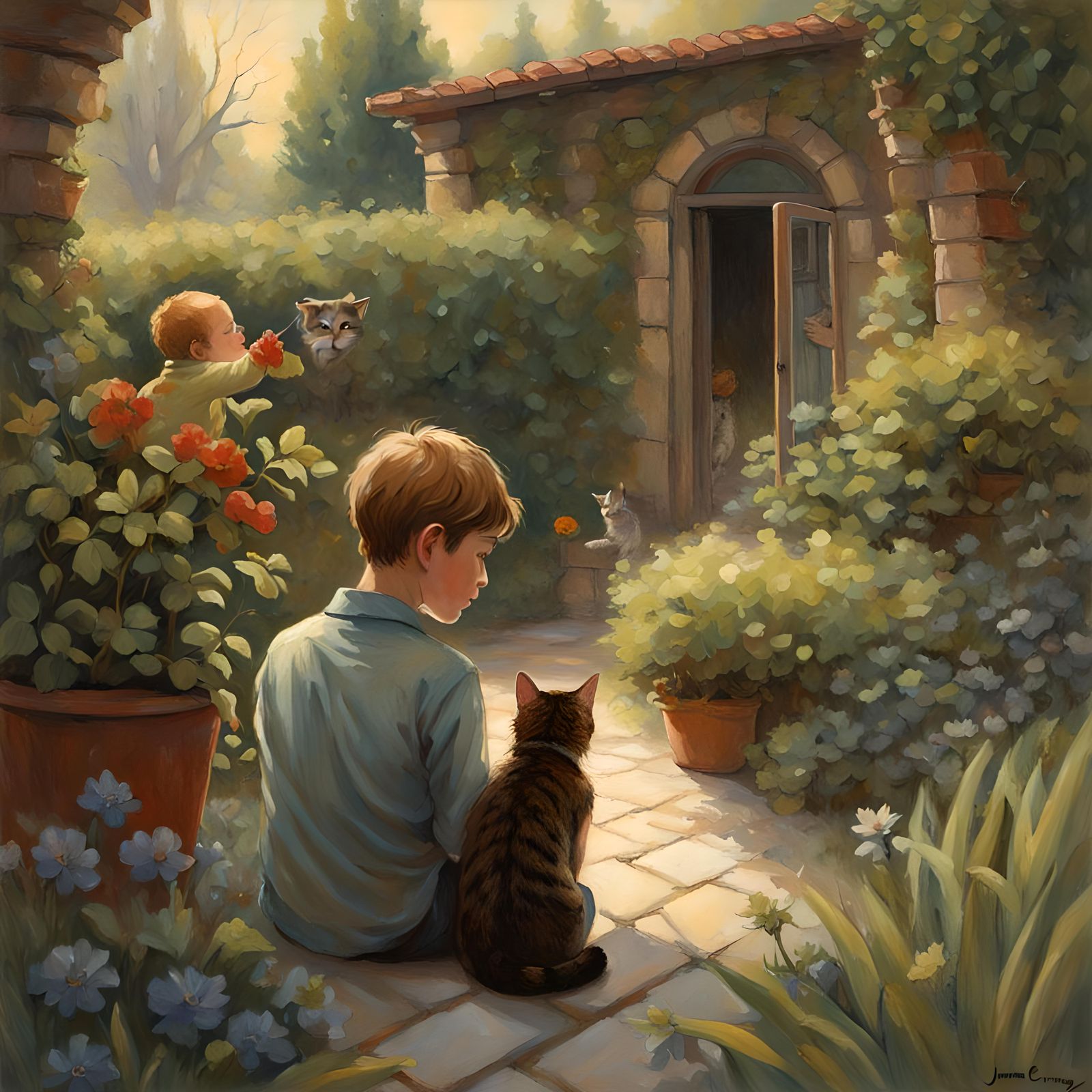 Enigmatic garden, 
Boy and cat, art by James Gurney