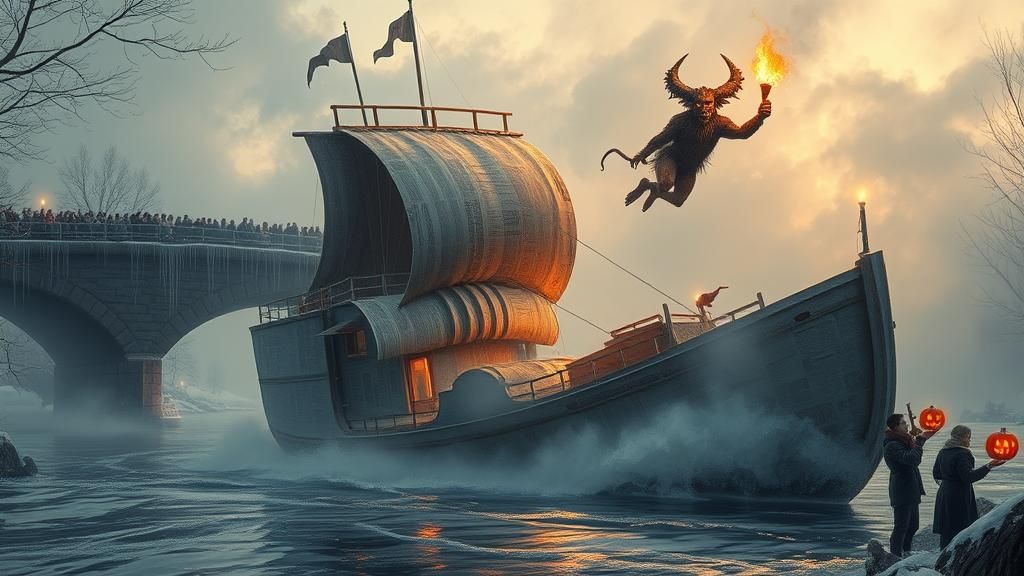 Newspaper Ship Drifting Past Icy Bridge