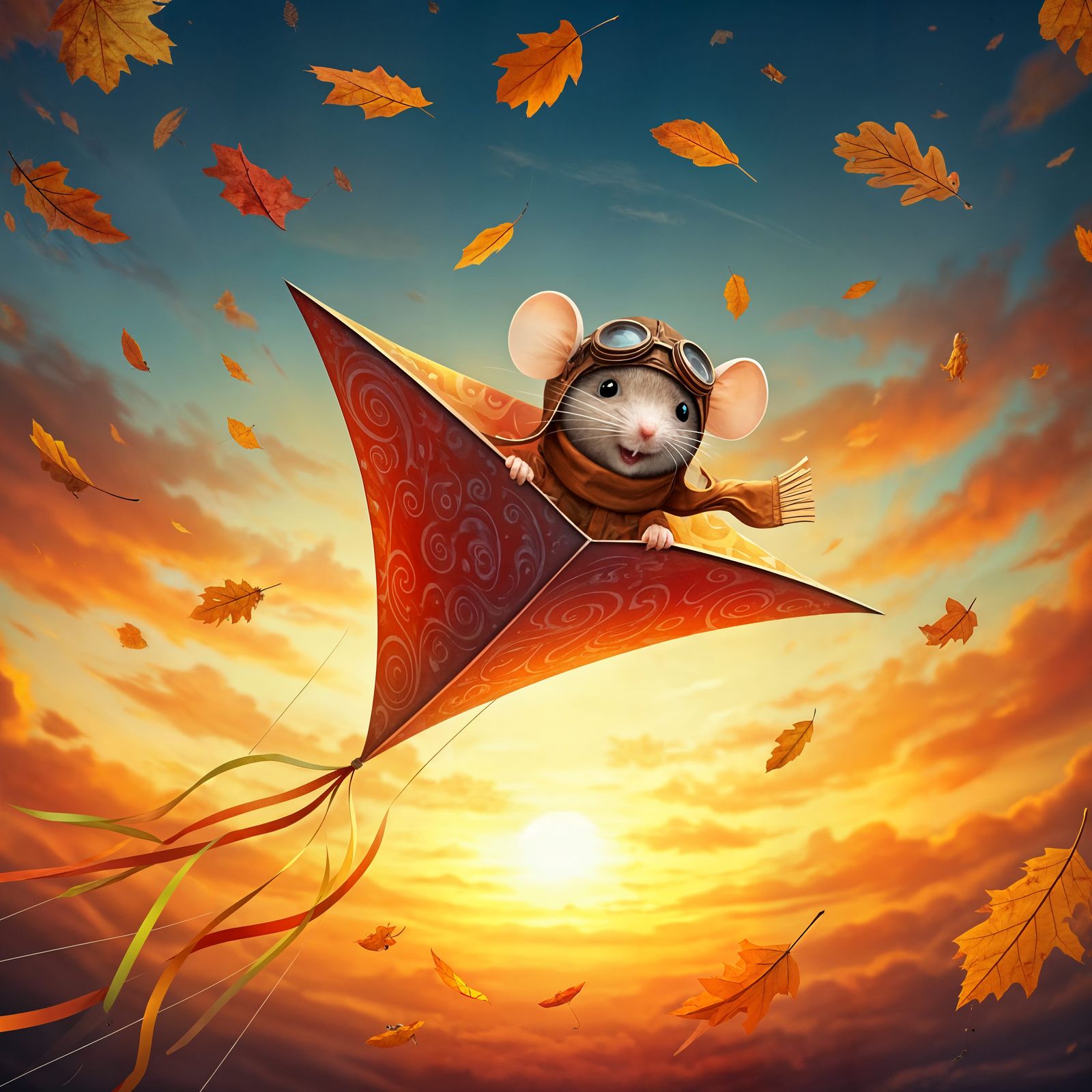 Mouse Pilot Soaring on Kite in Autumn Wind