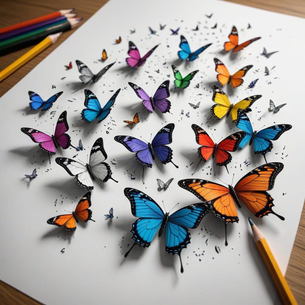 Pencil Drawing Butterflies Escape Paper in Rainbow Colors