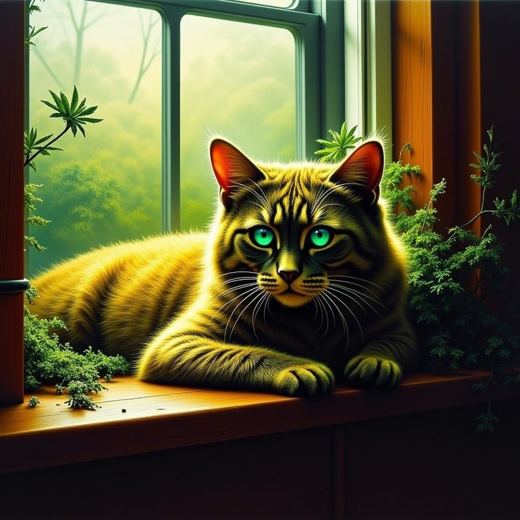 Shimmering Cat Lounging in Sunlight: Digital Illustration